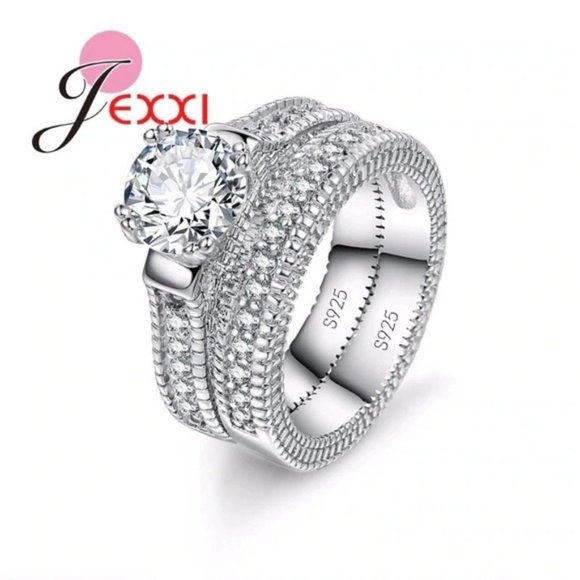 Gorgeous 2pc Sterling Silver & CZ Wedding Ring Set - Picture 1 of 4